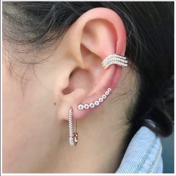 CZ Safety Pin Cartilage Sterling Silver Earrings - Picture 4 of 6